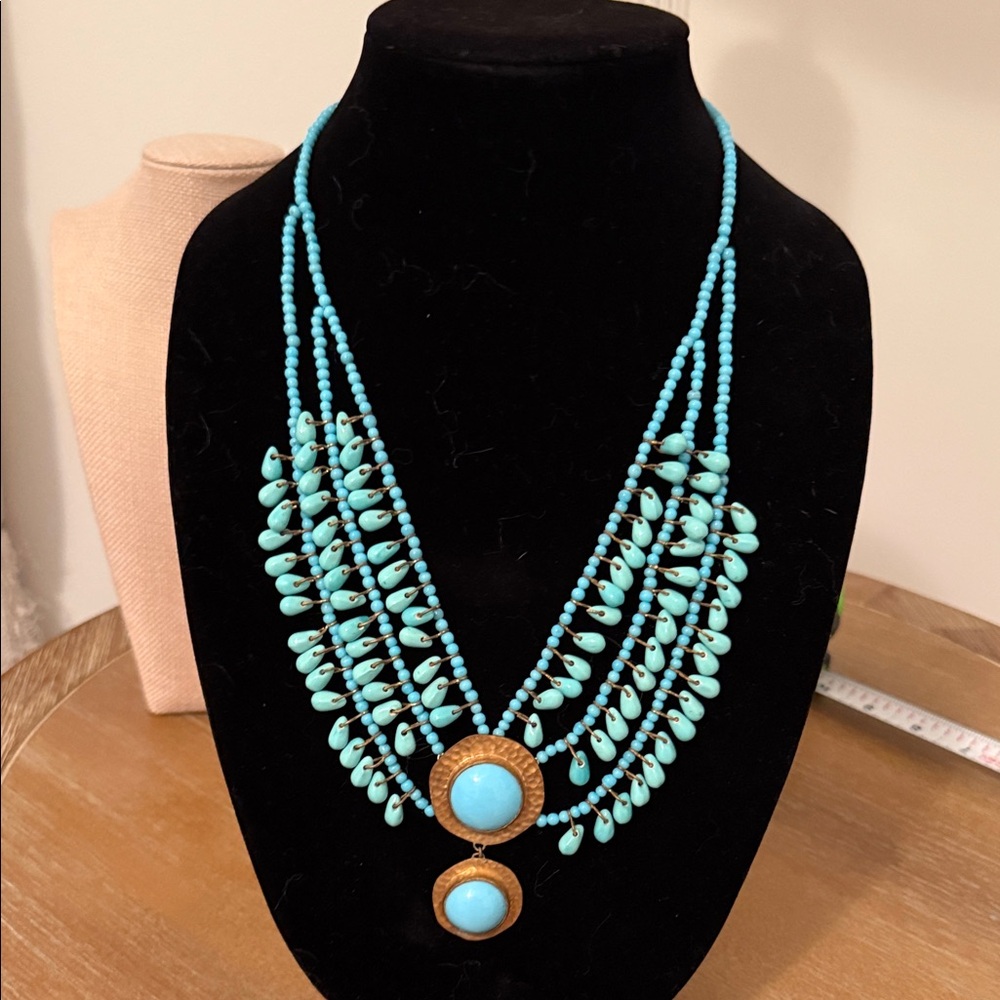 Vintage Turquoise Beaded Necklace with Gold Accents